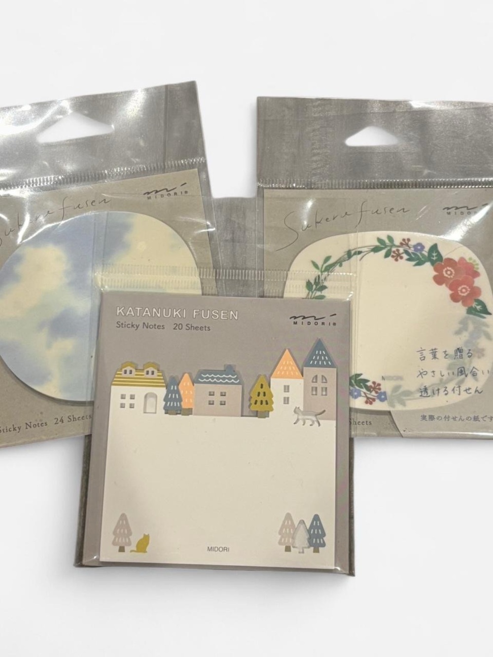 Midori Sticky Notes Set - Beige with Pastel Village & Floral Accents